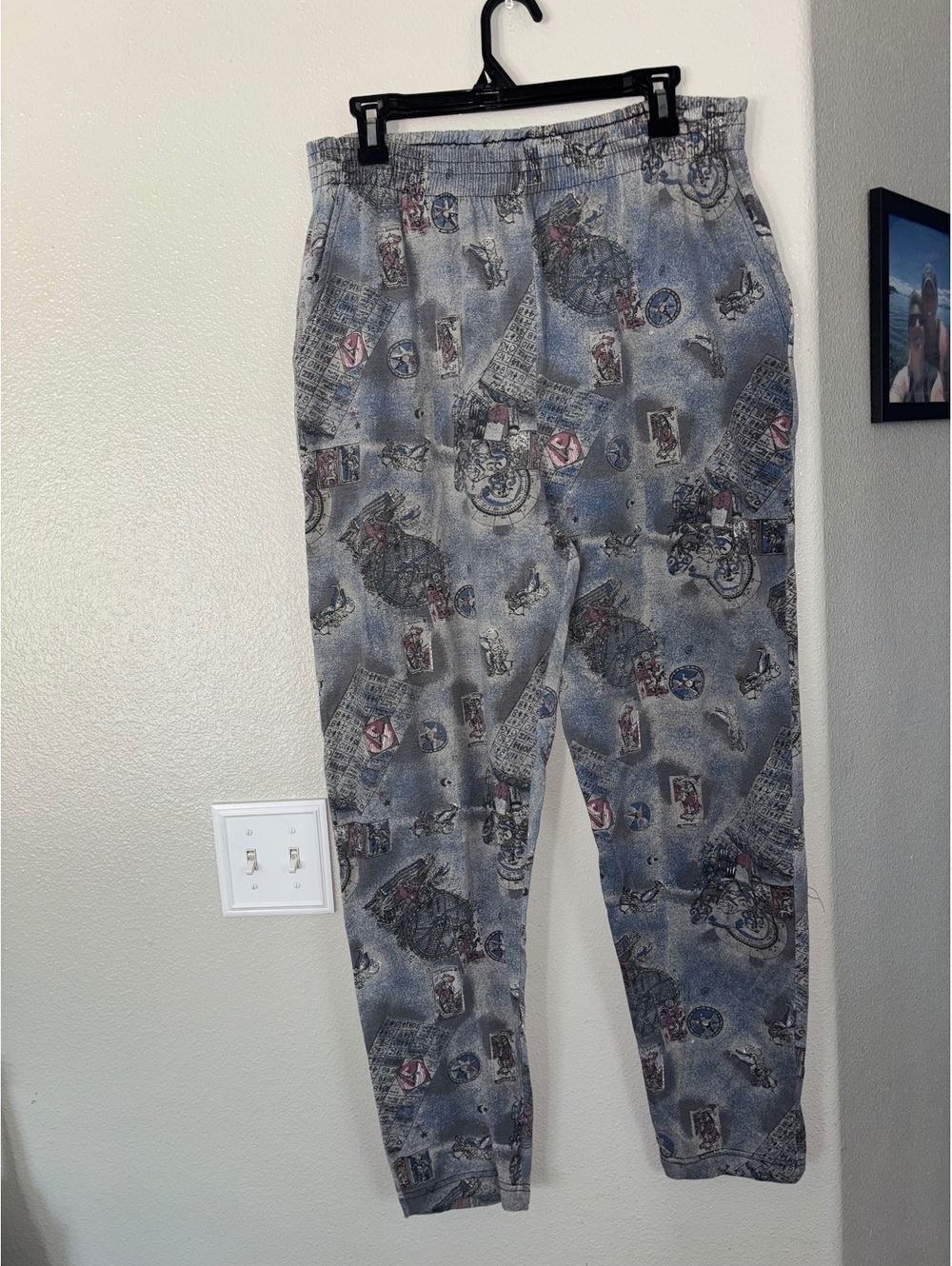 Vintage 90s Michael Carrie All Over Print Newspaper Motorcycle Lounge Pants L